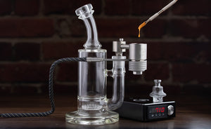 TBucket Titanium Banger with glass rig and enail - front view | Cannabis Hardware